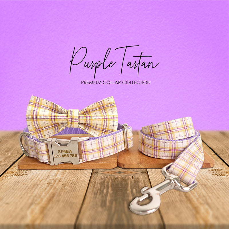 Purple Tartan Gingham Plaid Cotton Nylon Mix Fabric Custom Pet Collar for Boy Girl Cat, Puppy and Dog