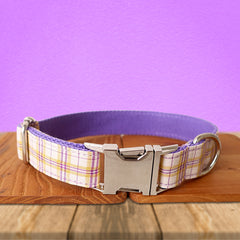 Purple Tartan Gingham Plaid Cotton Nylon Mix Fabric Custom Pet Collar for Boy Girl Cat, Puppy and Dog