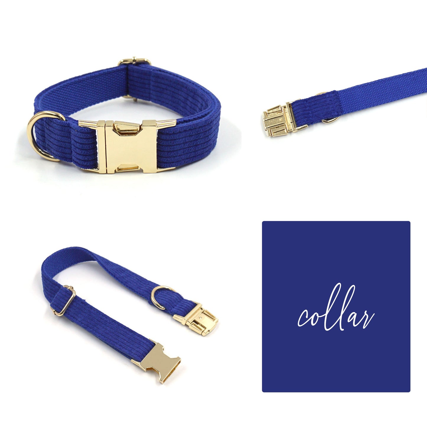 Custom Blue Corduroy Personalised Dog Collar, Matching Dog Bowtie, Dog Leash, Dog Harness and Dog Poop Bag
