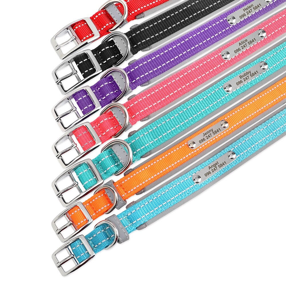 Personalised Reflective Nylon Dog Collar with Custom Name Buckle for Small to Large Dog, Au, Us, Uk, Ca Fast Free Ship