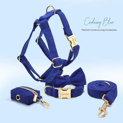Custom Blue Corduroy Personalised Dog Collar, Matching Dog Bowtie, Dog Leash, Dog Harness and Dog Poop Bag