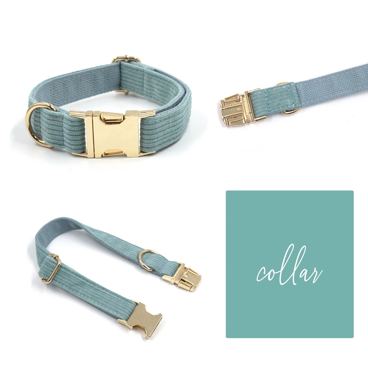 Custom Mint Green Corduroy Personalised Dog Collar, Matching Dog Bowtie, Dog Leash, Dog Harness and Dog Poop Bag