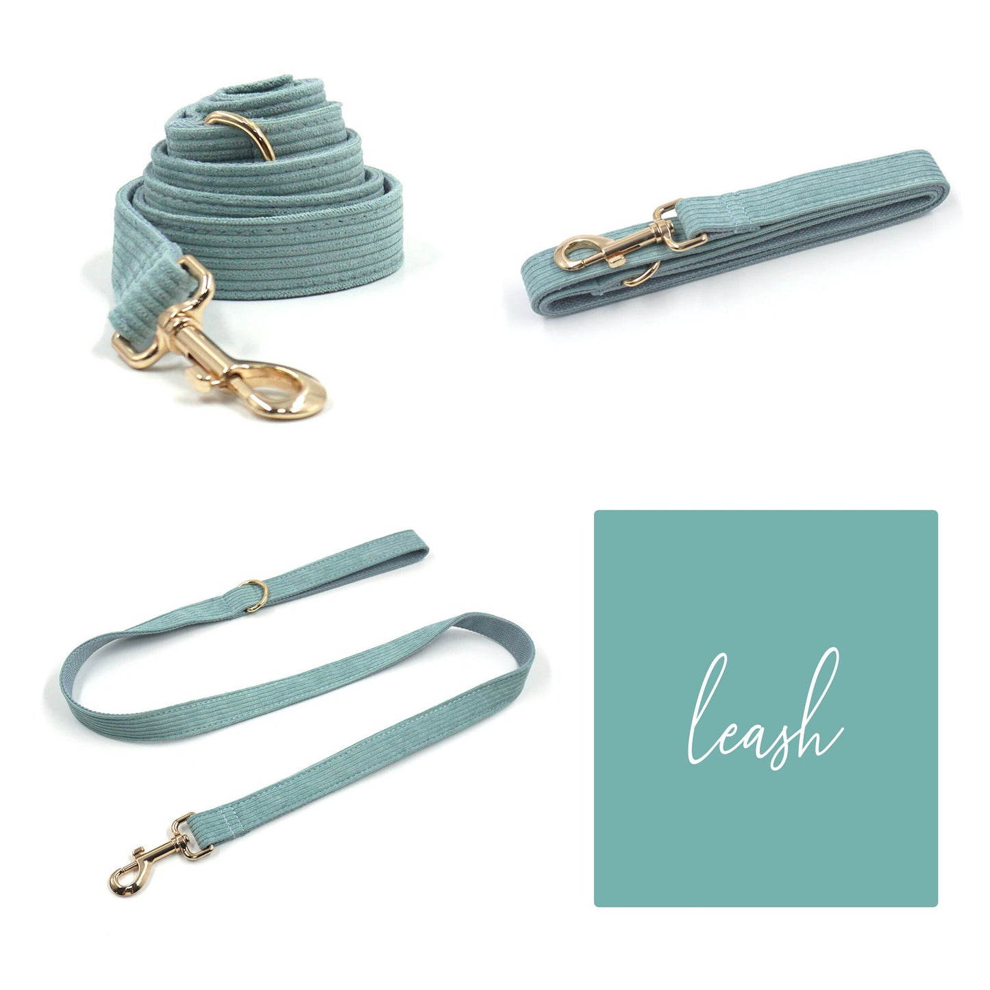 Custom Mint Green Corduroy Personalised Dog Collar, Matching Dog Bowtie, Dog Leash, Dog Harness and Dog Poop Bag