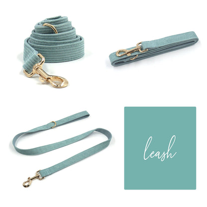 Custom Mint Green Corduroy Personalised Dog Collar, Matching Dog Bowtie, Dog Leash, Dog Harness and Dog Poop Bag