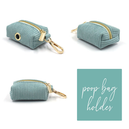 Custom Mint Green Corduroy Personalised Dog Collar, Matching Dog Bowtie, Dog Leash, Dog Harness and Dog Poop Bag