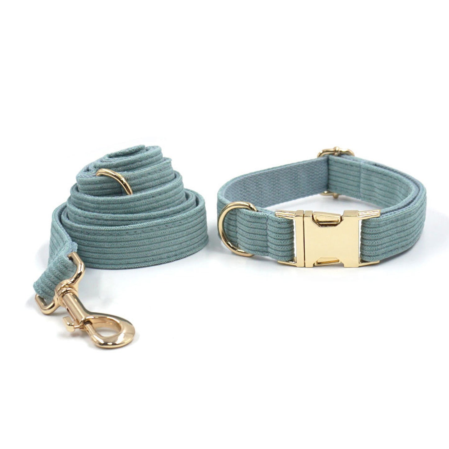Custom Mint Green Corduroy Personalised Dog Collar, Matching Dog Bowtie, Dog Leash, Dog Harness and Dog Poop Bag