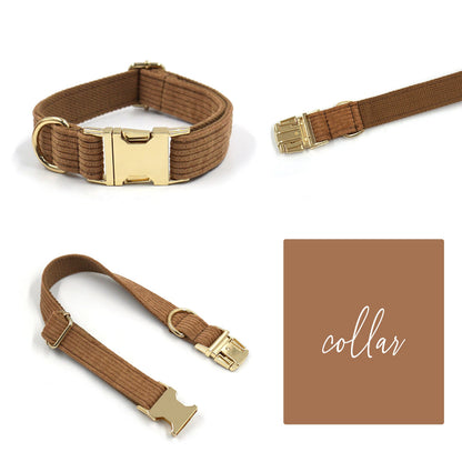 Custom Coffee Brown Corduroy Personalised Dog Collar, Matching Dog Bowtie, Dog Leash, Dog Harness and Dog Poop Bag