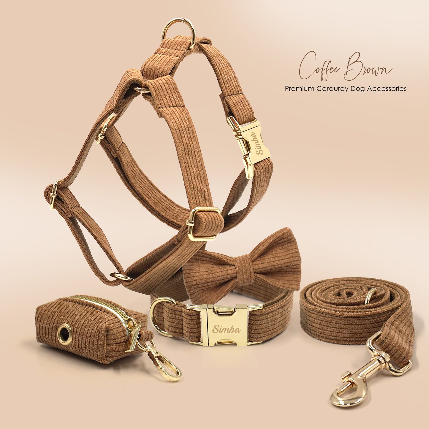 Custom Coffee Brown Corduroy Personalised Dog Collar, Matching Dog Bowtie, Dog Leash, Dog Harness and Dog Poop Bag