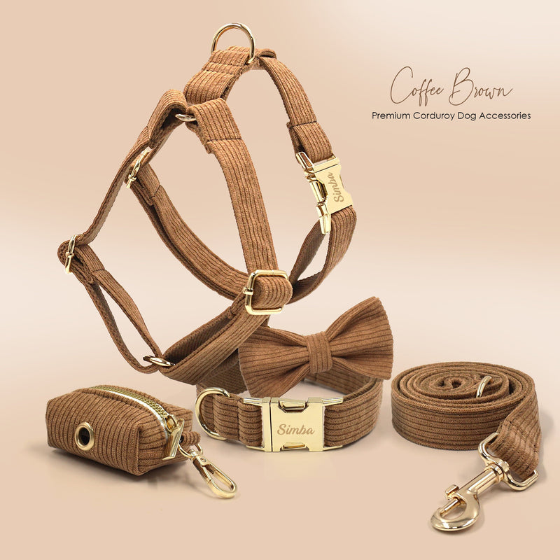 Custom Coffee Brown Corduroy Personalized Dog Collar, Matching Dog Bowtie, Dog Leash, Dog Harness and Dog Poop Bag, Different Combo