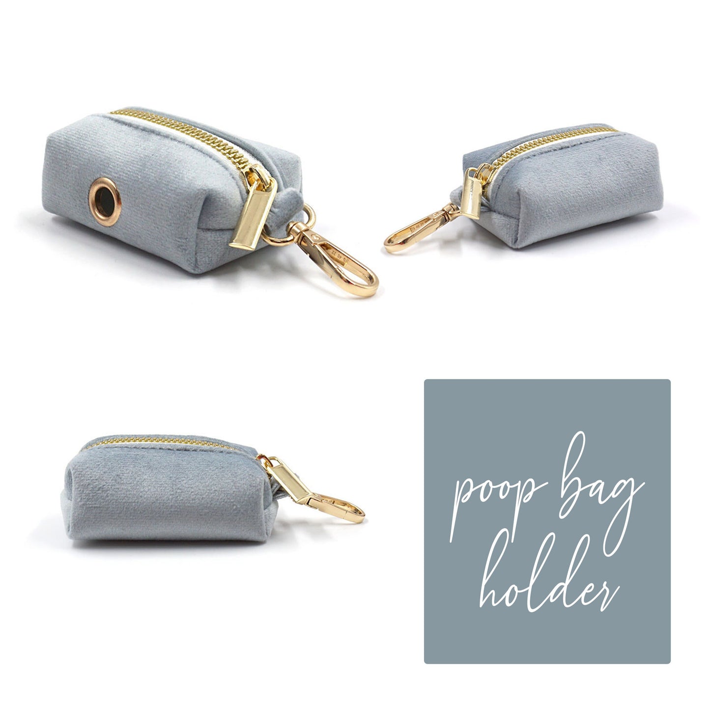 Custom Smog Blue Velvet Personalised Dog Collar, Matching Dog Bowtie, Dog Leash, Dog Harness and Dog Poop Bag