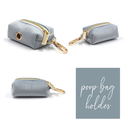 Custom Smog Blue Velvet Personalised Dog Collar, Matching Dog Bowtie, Dog Leash, Dog Harness and Dog Poop Bag