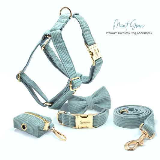Custom Mint Green Corduroy Personalised Dog Collar, Matching Dog Bowtie, Dog Leash, Dog Harness and Dog Poop Bag