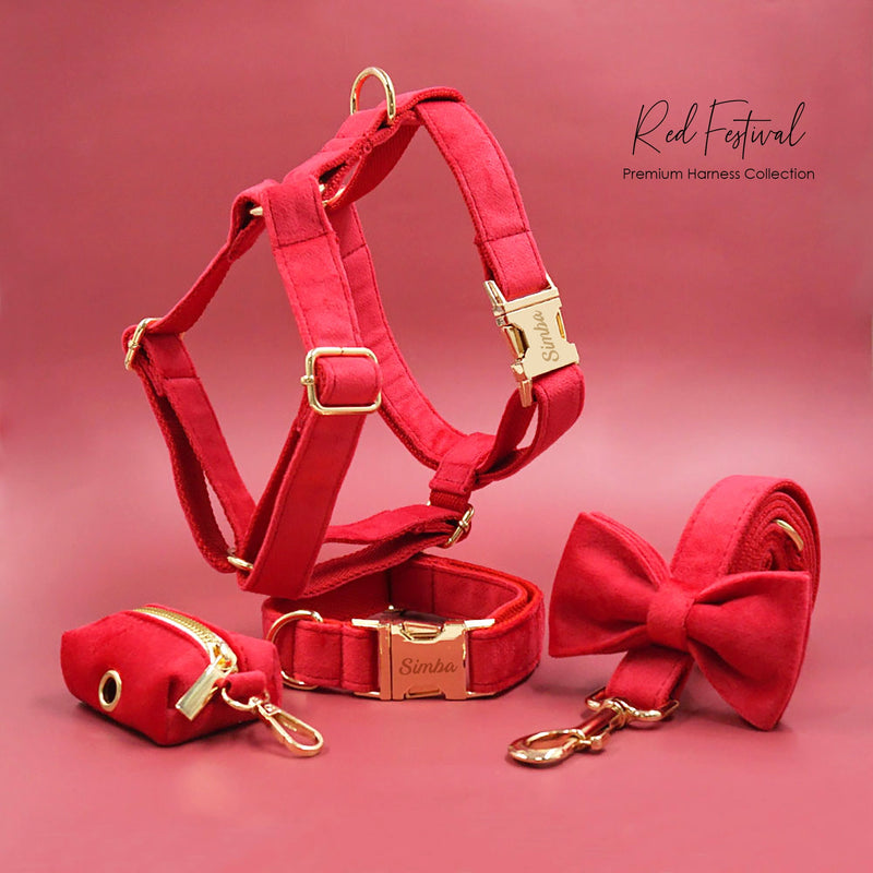 Personalized Engraved Handmade Dog Collar, Matching Bowtie, Leash, Harness and Poop Bag in Red and Gold, Great for New Year and Christmas