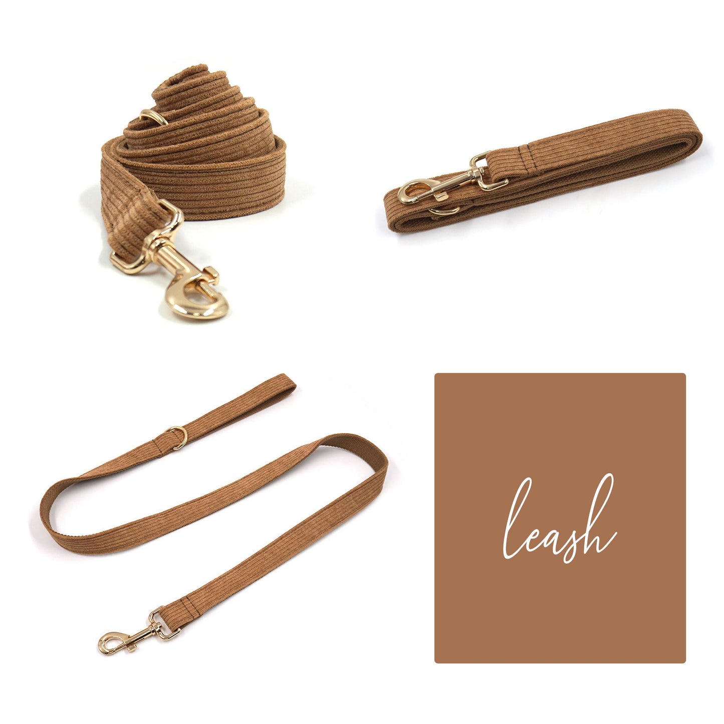 Custom Coffee Brown Corduroy Personalised Dog Collar, Matching Dog Bowtie, Dog Leash, Dog Harness and Dog Poop Bag