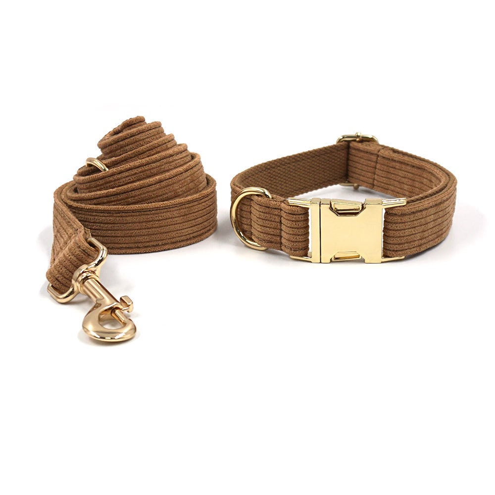 Custom Coffee Brown Corduroy Personalised Dog Collar, Matching Dog Bowtie, Dog Leash, Dog Harness and Dog Poop Bag
