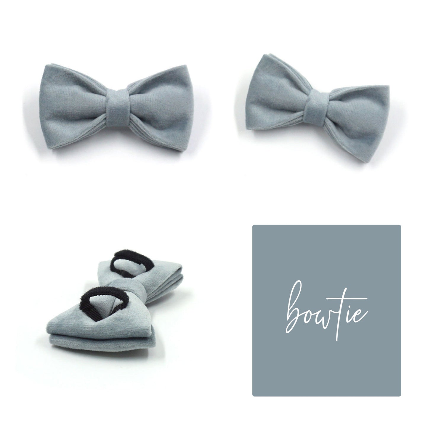 Custom Smog Blue Velvet Personalised Dog Collar, Matching Dog Bowtie, Dog Leash, Dog Harness and Dog Poop Bag