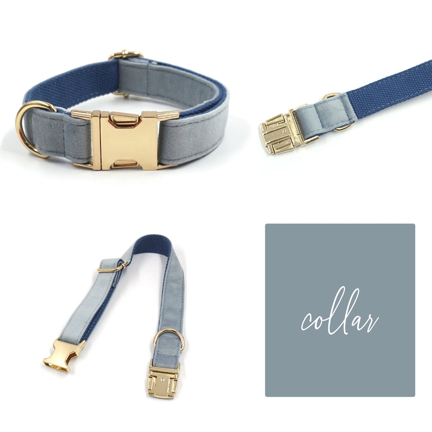 Custom Smog Blue Velvet Personalised Dog Collar, Matching Dog Bowtie, Dog Leash, Dog Harness and Dog Poop Bag