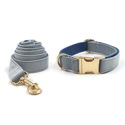 Custom Smog Blue Velvet Personalised Dog Collar, Matching Dog Bowtie, Dog Leash, Dog Harness and Dog Poop Bag