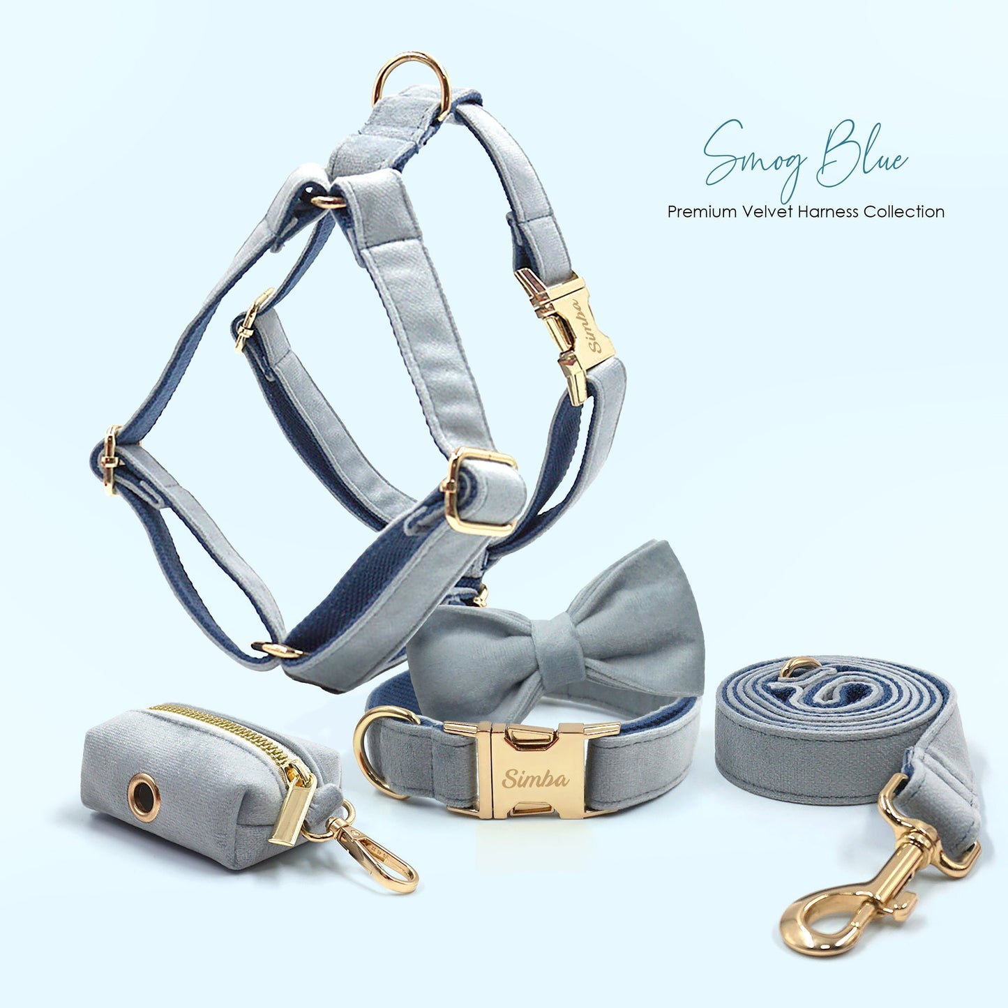 Custom Smog Blue Velvet Personalised Dog Collar, Matching Dog Bowtie, Dog Leash, Dog Harness and Dog Poop Bag