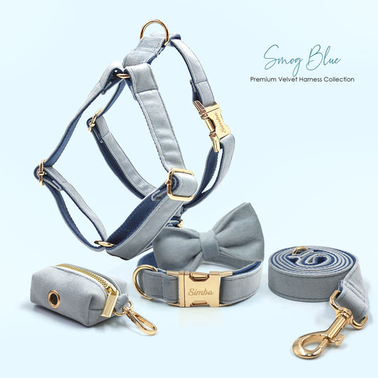 Custom Smog Blue Velvet Personalised Dog Collar, Matching Dog Bowtie, Dog Leash, Dog Harness and Dog Poop Bag
