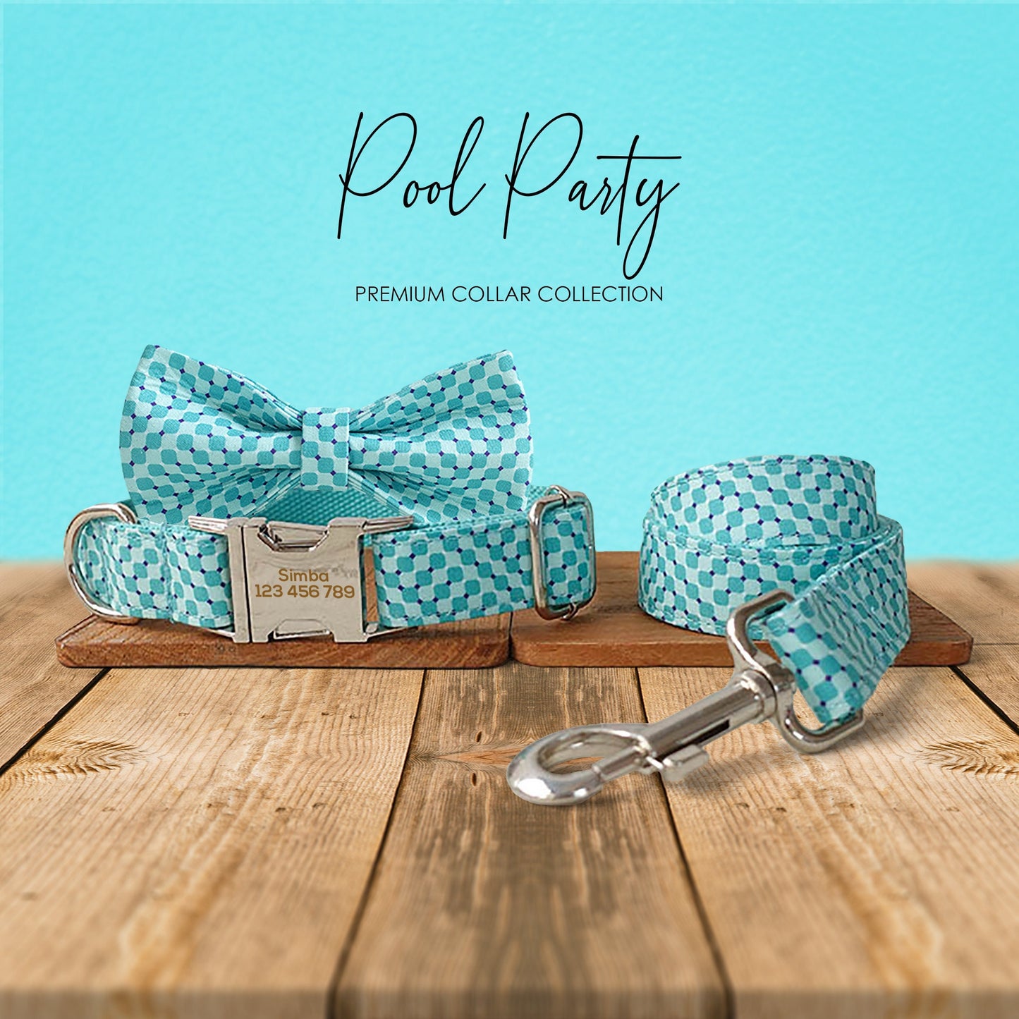 Personalised Dog Collar, Cat Collar, Blue Aqua Pool Party Cotton Nylon Mix Fabric Custom Pet Collar for Boy Girl Cat, Puppy and Dog