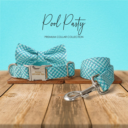 Personalised Dog Collar, Cat Collar, Blue Aqua Pool Party Cotton Nylon Mix Fabric Custom Pet Collar for Boy Girl Cat, Puppy and Dog