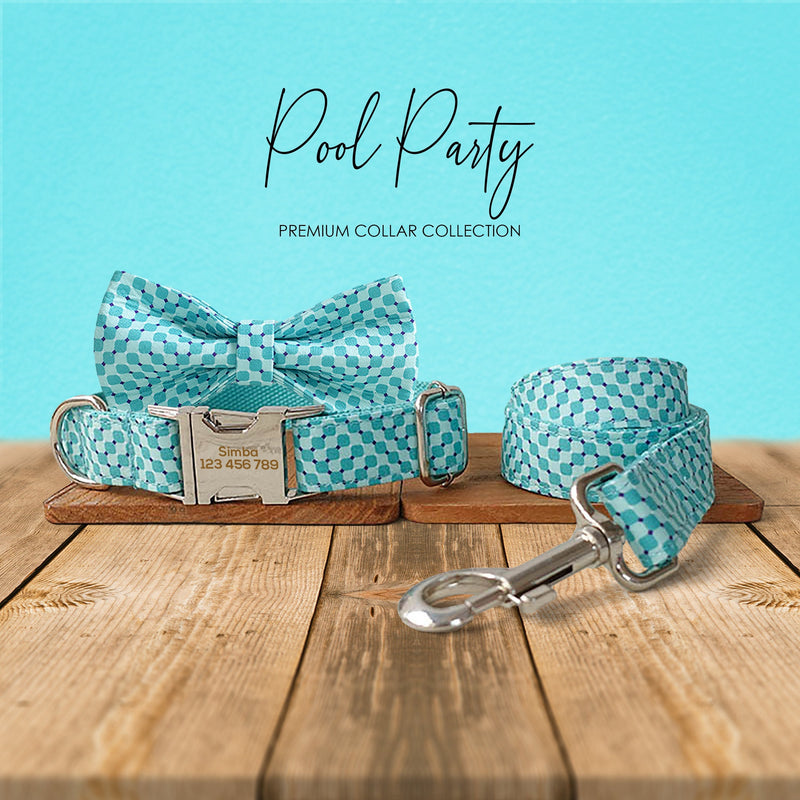 Personalized Dog Collar, Cat Collar, Blue Aqua Pool Party Cotton Nylon Mix Fabric Custom Pet Collar for Boy Girl Cat, Puppy and Dog