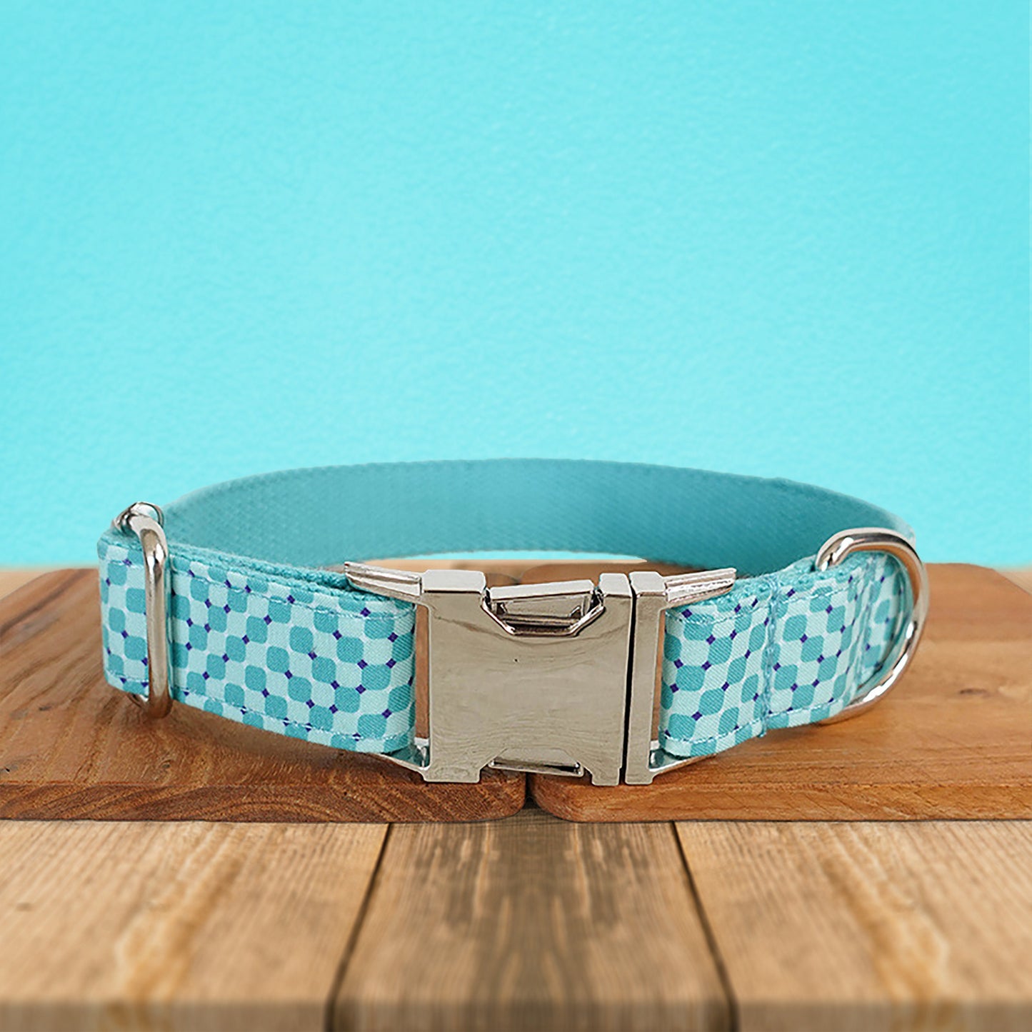 Personalised Dog Collar, Cat Collar, Blue Aqua Pool Party Cotton Nylon Mix Fabric Custom Pet Collar for Boy Girl Cat, Puppy and Dog