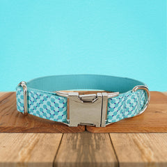 Personalized Dog Collar, Cat Collar, Blue Aqua Pool Party Cotton Nylon Mix Fabric Custom Pet Collar for Boy Girl Cat, Puppy and Dog
