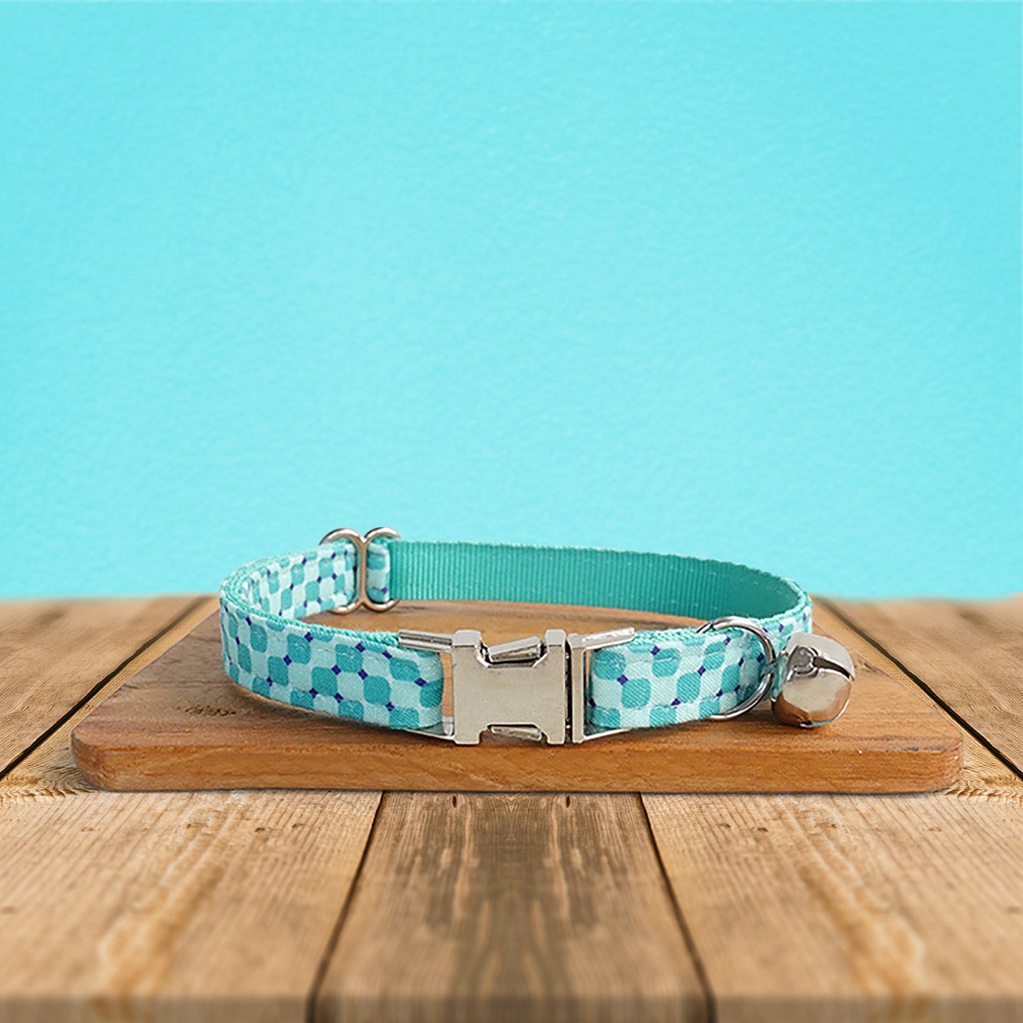 Personalised Dog Collar, Cat Collar, Blue Aqua Pool Party Cotton Nylon Mix Fabric Custom Pet Collar for Boy Girl Cat, Puppy and Dog
