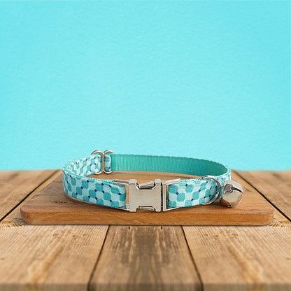 Personalised Dog Collar, Cat Collar, Blue Aqua Pool Party Cotton Nylon Mix Fabric Custom Pet Collar for Boy Girl Cat, Puppy and Dog