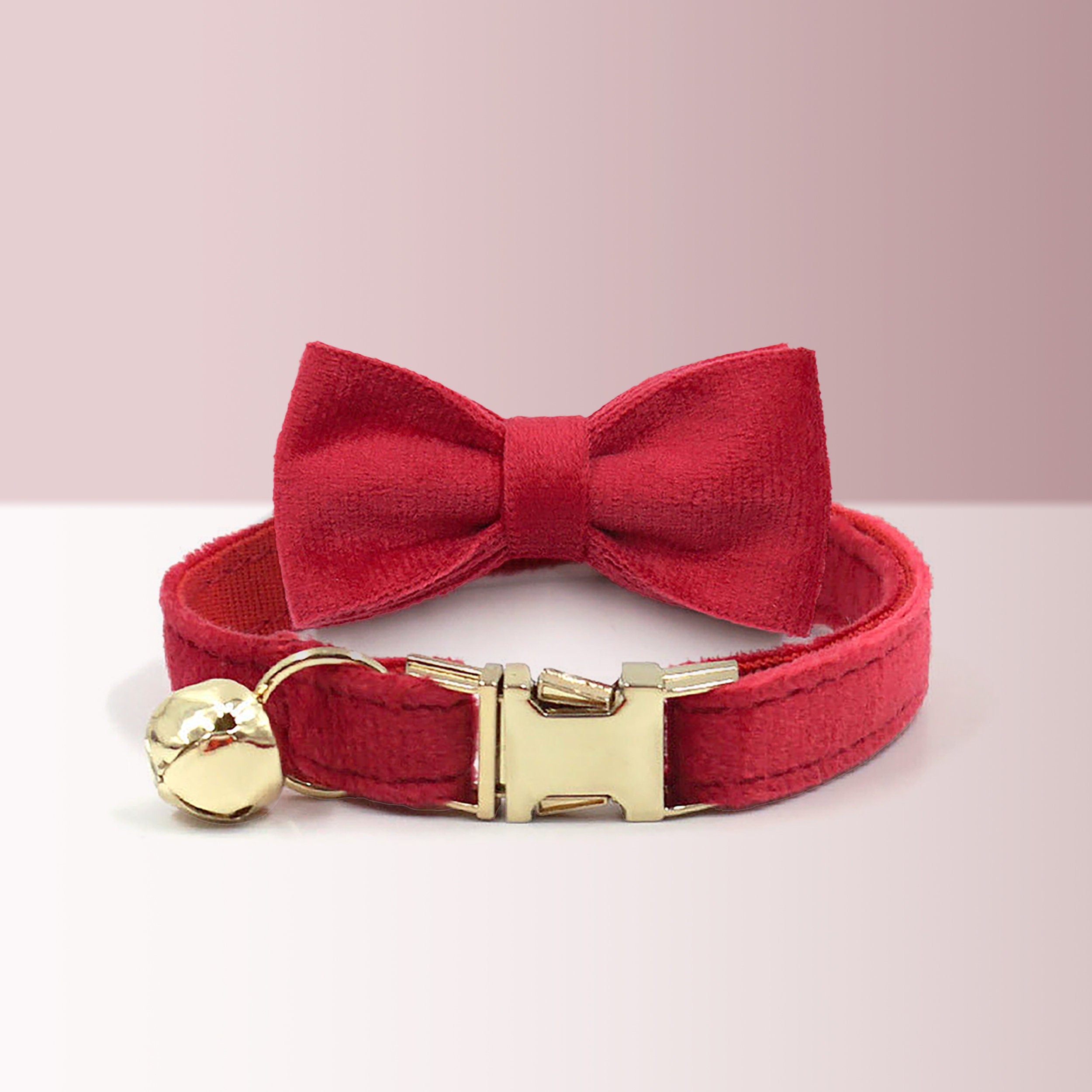 Red Cat Collar Personalized with Name for Female or Male Cat and Small Dog with Bell or Bow Tie in Pink, Dust Pink, Airtag for Cat Collar