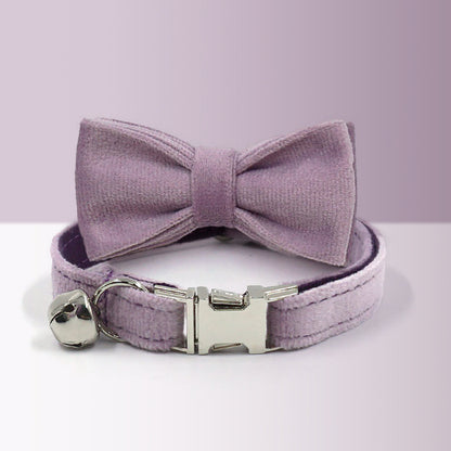 Purple Cat and Small Dog Collar Bow Tie Set, Custom Engraved Kitten Puppy Name Tag, Bell, Light Purple, Royal Purple