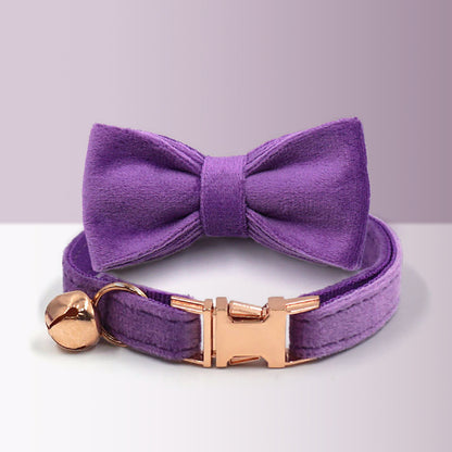 Purple Cat and Small Dog Collar Bow Tie Set, Custom Engraved Kitten Puppy Name Tag, Bell, Light Purple, Royal Purple