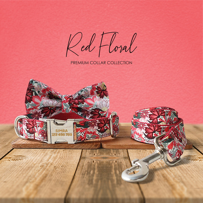 Dog Collar, Cat Collar, Red Floral Cotton Nylon Mix Fabric Custom Pet Collar for Boy Girl Cat, Puppy and Dog