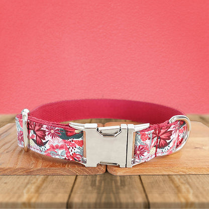 Dog Collar, Cat Collar, Red Floral Cotton Nylon Mix Fabric Custom Pet Collar for Boy Girl Cat, Puppy and Dog