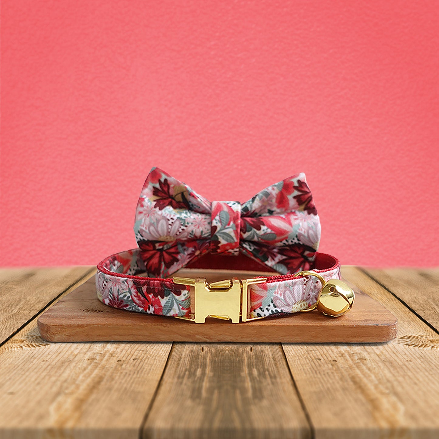 Dog Collar, Cat Collar, Red Floral Cotton Nylon Mix Fabric Custom Pet Collar for Boy Girl Cat, Puppy and Dog