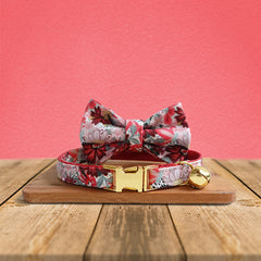 Dog Collar, Cat Collar, Red Floral Cotton Nylon Mix Fabric Custom Pet Collar for Boy Girl Cat, Puppy and Dog