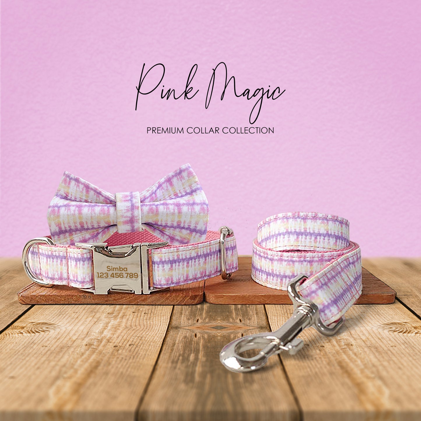Personalised Dog Collar, Cat Collar, Pink Magic Cotton Nylon Mix Fabric Custom Pet Collar for Boy Girl Cat, Puppy and Dog, Pink Dog Collar