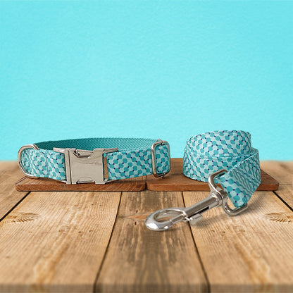 Personalised Dog Collar, Cat Collar, Blue Aqua Pool Party Cotton Nylon Mix Fabric Custom Pet Collar for Boy Girl Cat, Puppy and Dog