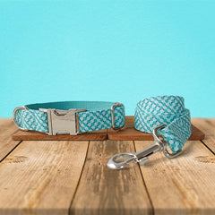 Personalized Dog Collar, Cat Collar, Blue Aqua Pool Party Cotton Nylon Mix Fabric Custom Pet Collar for Boy Girl Cat, Puppy and Dog