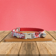 Dog Collar, Cat Collar, Red Floral Cotton Nylon Mix Fabric Custom Pet Collar for Boy Girl Cat, Puppy and Dog