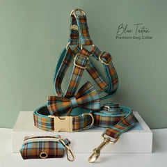 Green Tartan Dog Collar or Leash Set, Personalised Step-In Boy Dog Harness, custom Blue Plaid Collar with Removable Bowtie in Various Combo