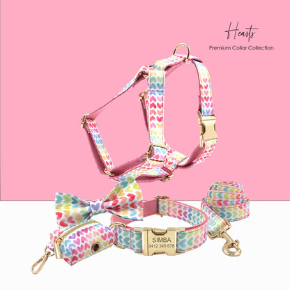Personalised Dog Collar, with Matching Bowtie, Leash, Harness Dog Poop Bag in Colorful Hearts Pattern