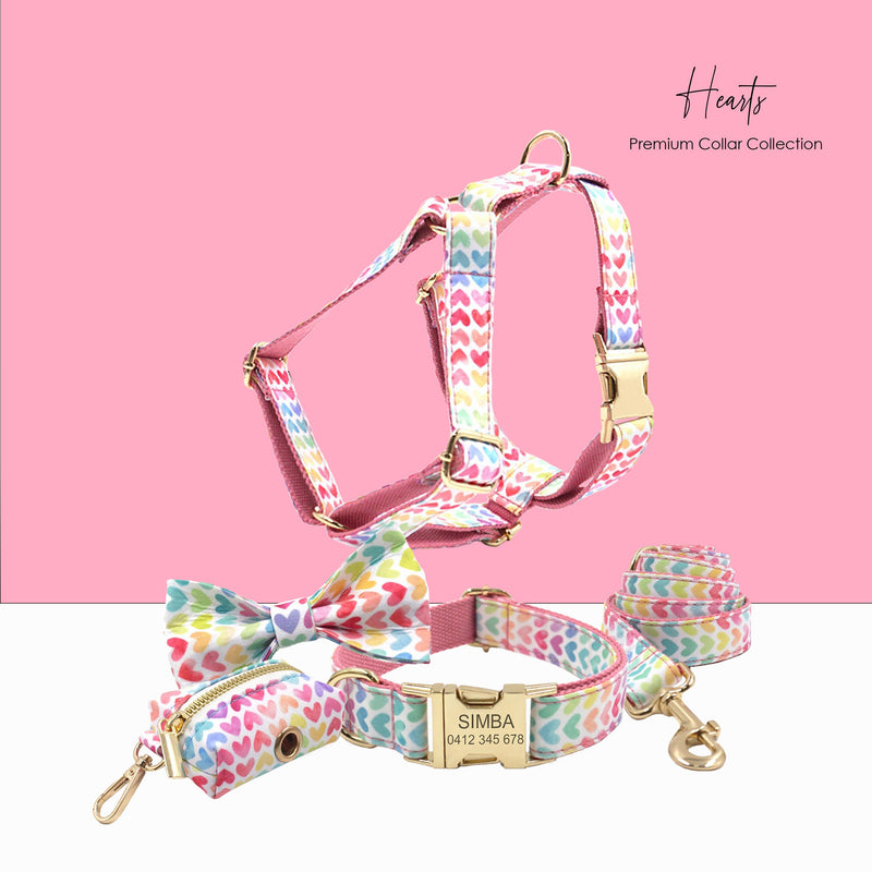 Personalized Engraved Handmade  Dog Collar, with Matching Bowtie, Leash, Harness Dog Poop Bag in Colorful Hearts Pattern, Different Combos