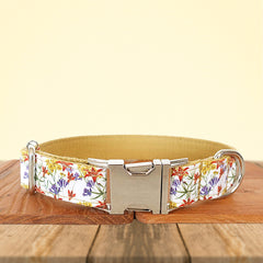 Dog Collar, Cat Collar, Gold Flower Cotton Nylon Mix Fabric Custom Pet Collar for Boy Girl Cat, Puppy and Dog, Pink Dog Collar