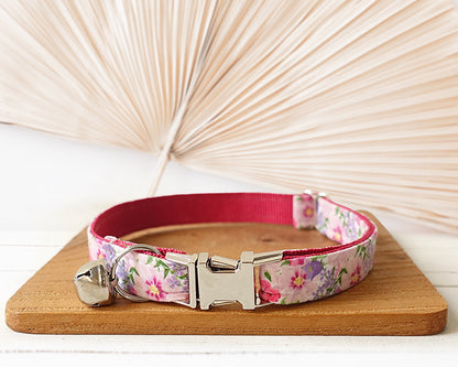 Floral Cat Collar with Bell and Removable Bow, Custom Small Dog Collar with Name, Engraved Handmade Kitten Collar