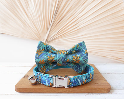 Floral Cat Collar with Bell and Removable Bow, Custom Small Dog Collar with Name, Engraved Handmade Kitten Collar