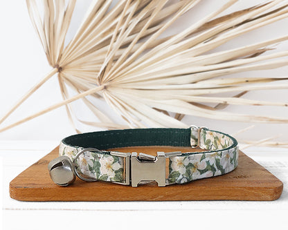 Floral Cat Puppy Collar with Bell and Quick Release Buckle, Matching Detachable Bowtie in Summer Spring Autumn Flower Pattern