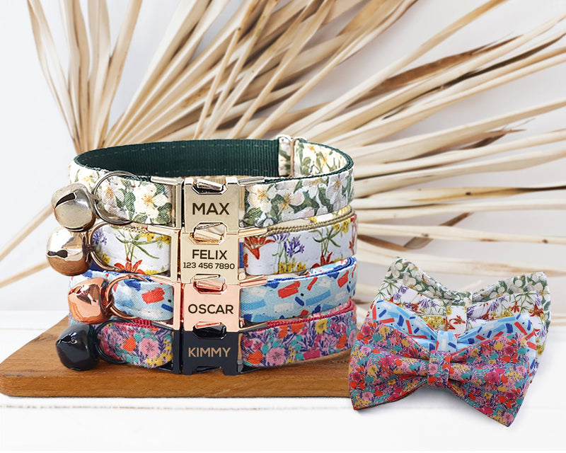 Floral Cat Puppy Collar with Bell and Quick Release Buckle, Matching Detachable Bowtie in Summer Spring Autumn Flower Pattern
